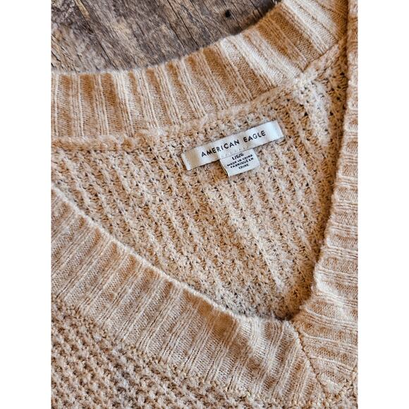 American eagle oversized waffle knit fuzzy sweater tan beige large - Picture 2 of 9